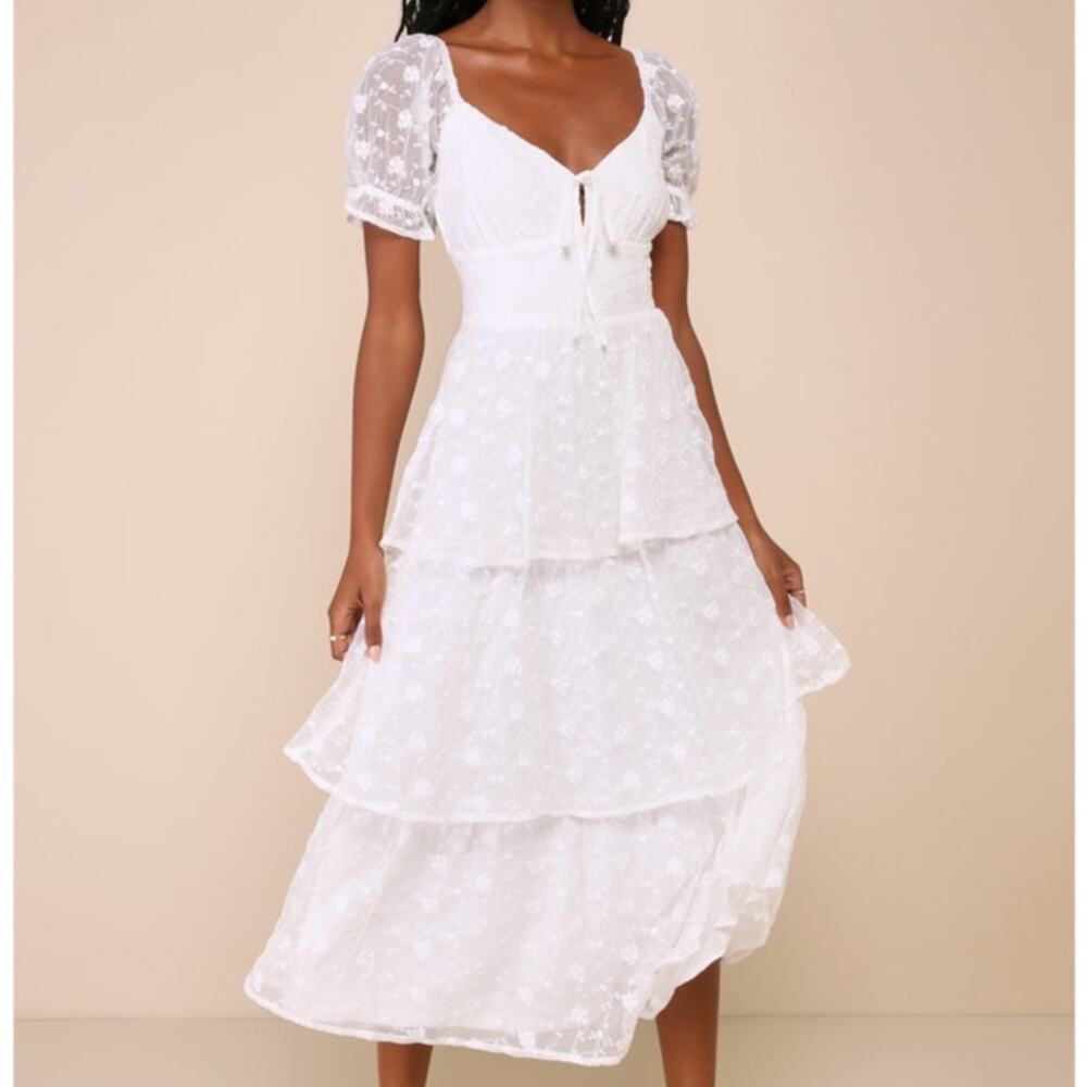 NEW Lulus Precious Sweetie White Floral Embroidered Sweetheart Airy Midi Dress